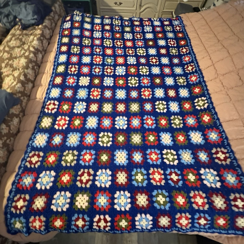 Vibrant Granny Square Afghan Throw Quilt Blanket Crochet 78"x 52" Multicolored